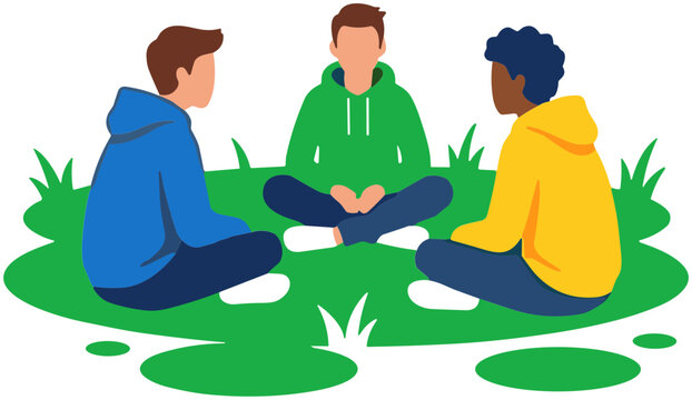 Diverse friends in colorful hoodies sitting in a circle on grass, talking and collaborating.