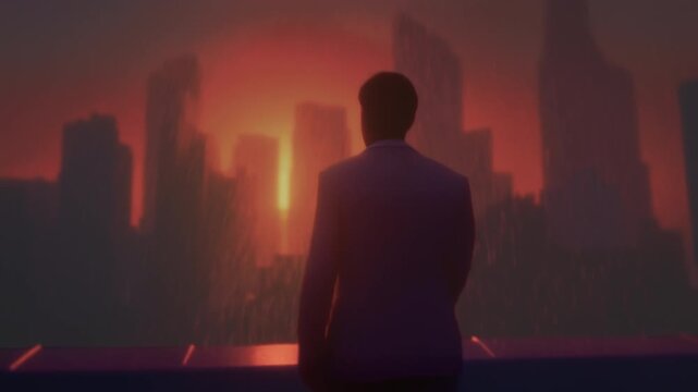 Evening cityscape contemplative, Dramatic scene of businessman gazing at burning horizon amidst rain and shadows