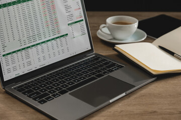Fototapeta premium Laptop displaying spreadsheet documents with financial tables and online business reports on workspace desk, supporting data analysis, accounting workflow, project monitoring, and digital reporting.