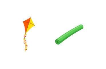 A colorful kite and a green pool noodle on a white background © Astutike Studio