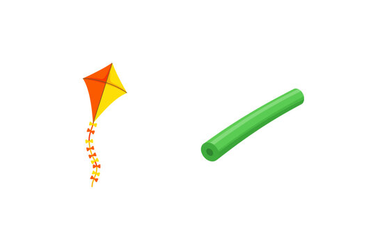 A colorful kite and a green pool noodle on a white background