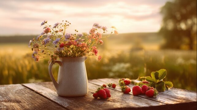 Charming swedish midsummer scene with a ceramic jug, meadow flowers, and fresh strawberries on a rustic wooden table, soft golden sunset light