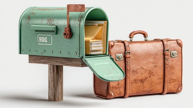 Vintage green mailbox with antique brown suitcase and papers inside ready for travel collection