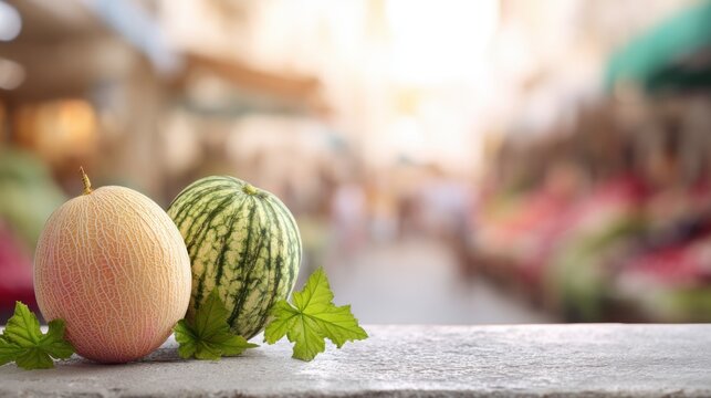 Fresh summer market scene with two vibrant melons and green leaves on a stone counter, mediterranean vibe, soft natural lighting, blurred outdoor
