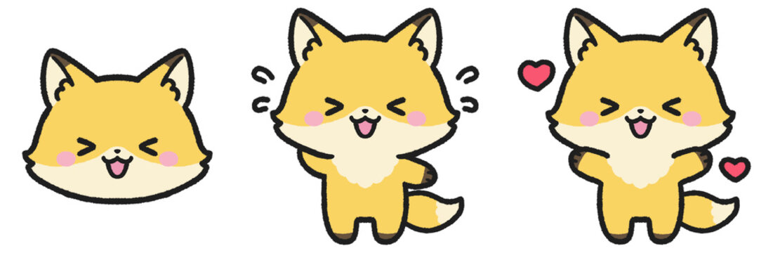 嬉しい、照れているキツネのイラストセット