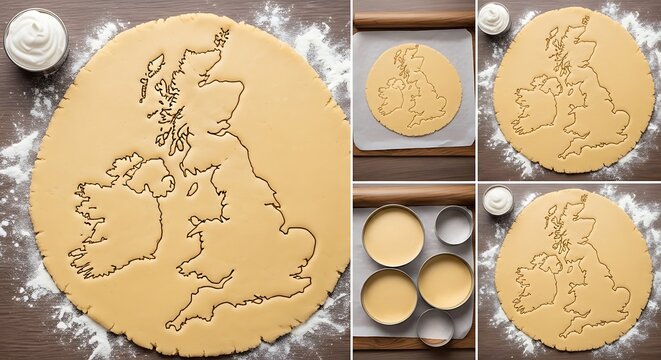 Cookie dough map of great britain with various stages of preparation