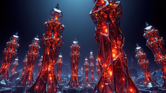 Abstract crystal formations glow intensely. Red light emanates from within jagged structures, set against dark blue backdrop. Dramatic lighting creates striking visual impact.