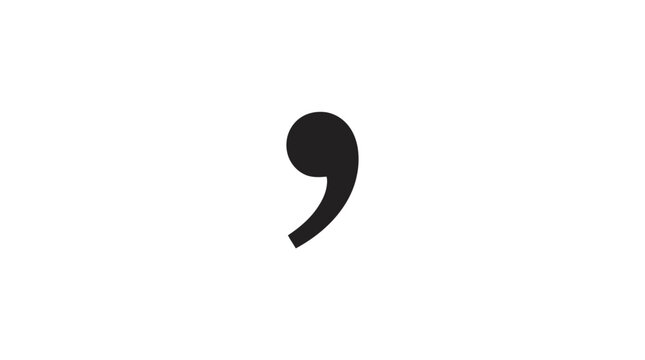 Single black comma symbol on a clean white background, punctuation mark, copy space