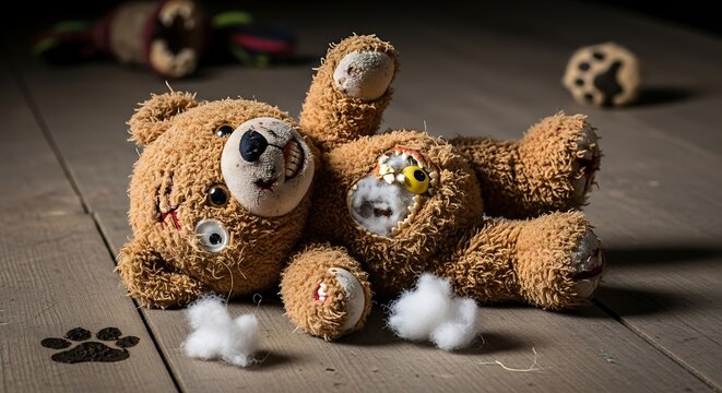 Torn Teddy Bear on Wood.