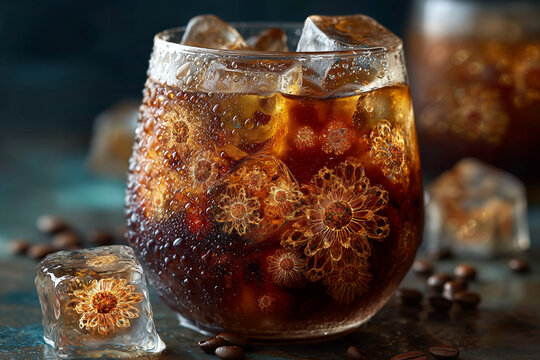 菊花模様のアイスコーヒーグラスとコーヒー豆