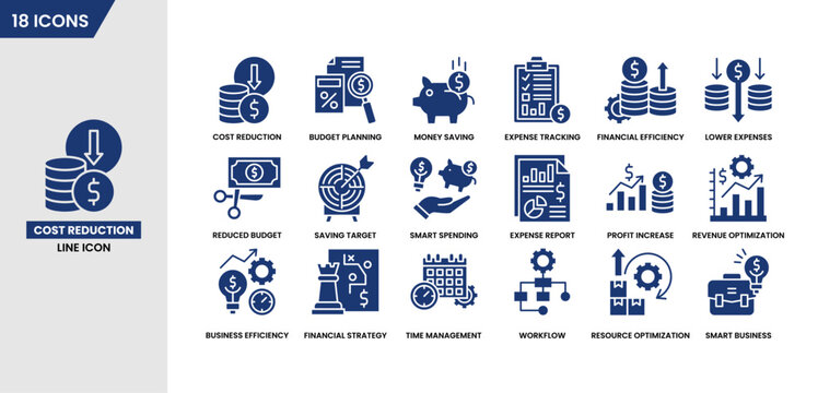 Cost reduction solid icon set for Budget planning, Money saving, Expense tracking, Financial efficiency and Smart spending