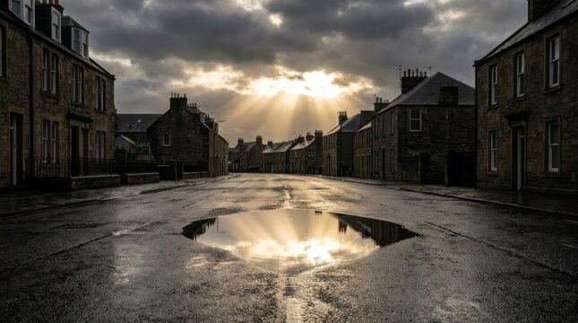 Dramatic sunbeams breaking through dark storm clouds and reflecting in a street puddle in a quiet town
