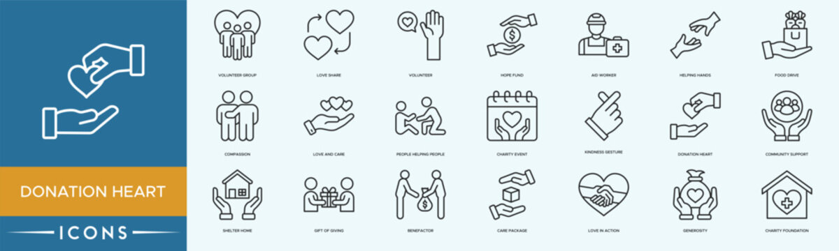 Donation Heart icon set. Care Package, Gift of Giving, Benefactor, Charity Foundation and Love in Action