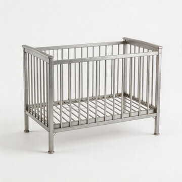 This is a vintage silver metal baby crib, shown empty against a plain white background. It features vertical railings and a grid-style base for infant safety and sleep.