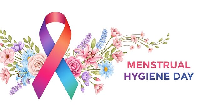 Menstrual hygiene day awareness ribbon with beautiful floral decorations
