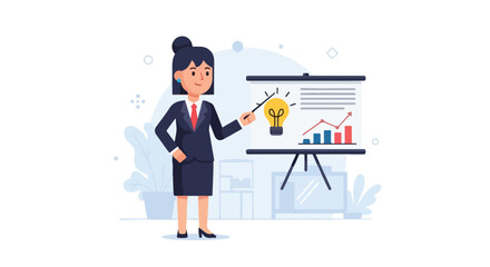 Obraz premium A professional businesswoman in a navy suit stands next to a presentation board, pointing to a glowing lightbulb idea and growth charts.