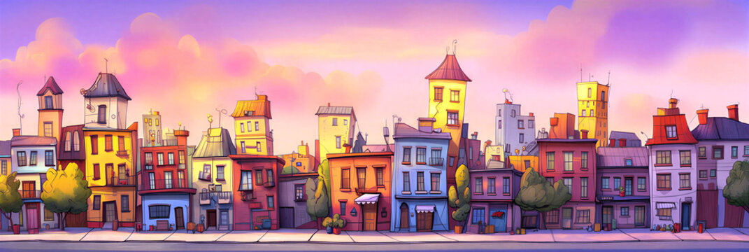 Colorful whimsical town with charming buildings and warm sunset sky in a vibrant cityscape illustration