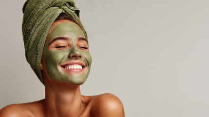 Obraz premium Portrait of a smiling woman with a green facial mask and headband during a skincare routine against a clean studio backdrop
