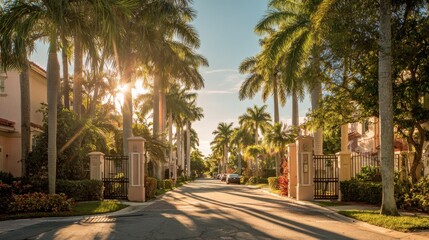 Fototapeta premium Palm-lined residential avenue under warm Florida sun