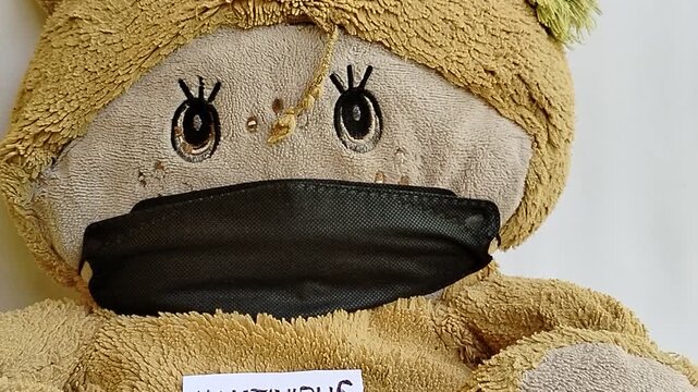 Illustration of a doll wearing a protective mask, symbolizing awareness of hantavirus, a virus genus from the Bunyaviridae family known to cause hantavirus pulmonary syndrome and respiratory health ri