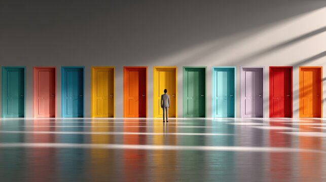 Many doors, one decision: a vibrant interior scene exploring paths