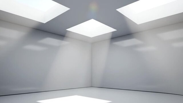 An empty white minimalist interior room featuring four square skylights in the ceiling with bright natural light rays streaming down to the floor, architectural visualization.