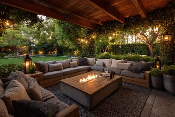 Fototapeta premium Evening Oasis: Spacious Outdoor Patio with Cozy Seating, Fire Feature, and Ambient Lighting