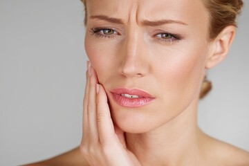 Obraz premium Close-up portrait of a woman experiencing tooth pain, conveying dental discomfort and health concern