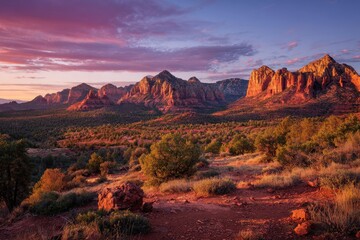 Naklejka premium Golden hour glow on towering sandstone formations at sunset in desert