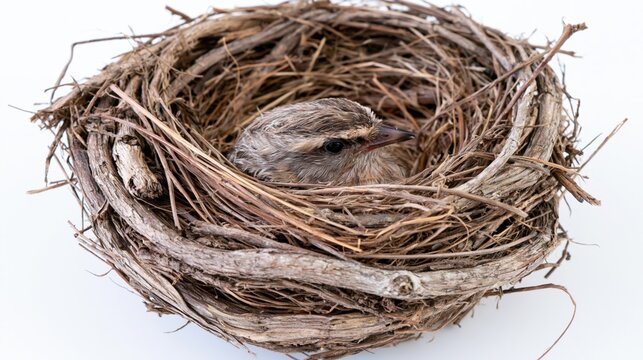 Tiny fledgling bird resting peacefully in a natural twig nest on a clean white background, symbolizing new beginnings and fragility