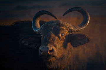 A buffalo with large horns stands majestically in a green field under a clear blue sky. © HA Sento