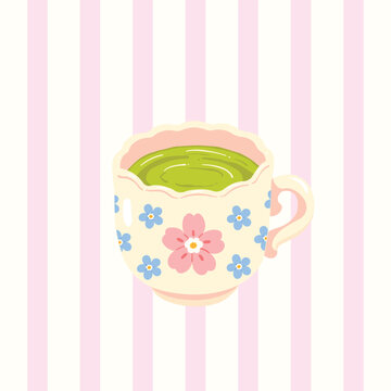 Handdrawn Flowers Cup of Matcha Illustration 
