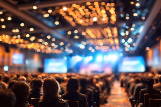 Abstract blur of a conference hall with soft silhouettes of attendees and stage lighting