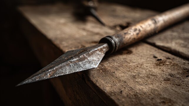 Ancient halberd resting on weathered wood, close-up of steel blade and carved shaft in warm museum light