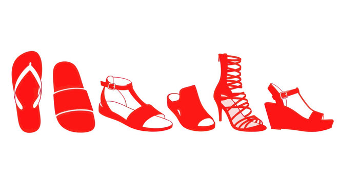 Collection of Red Summer Women's Footwear on White Background