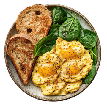 Healthy morning breakfast bowl featuring scrambled eggs with fresh spinach and toasted artisanal bread slices