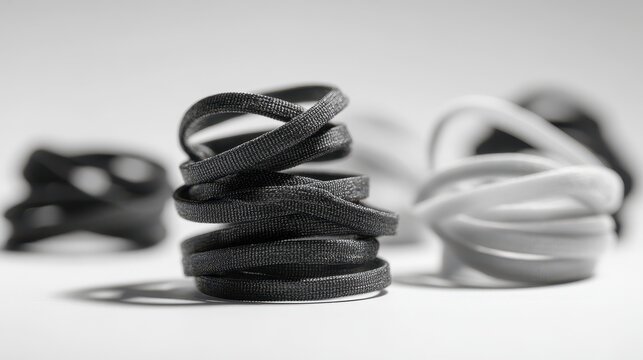 Monochrome elastic bands collection: black and white sewing elastics in multiple widths on white background