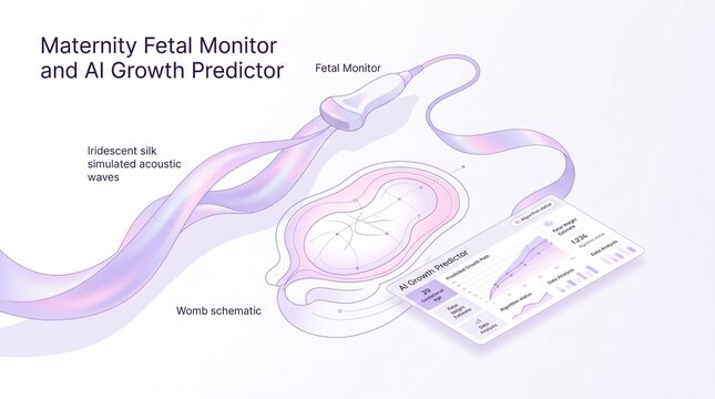 Maternity Fetal Monitor and AI Growth Predictor. Advanced ultrasound technology for prenatal care, a digital health concept for medical innovation, and a womb schematic with AI-driven insights.