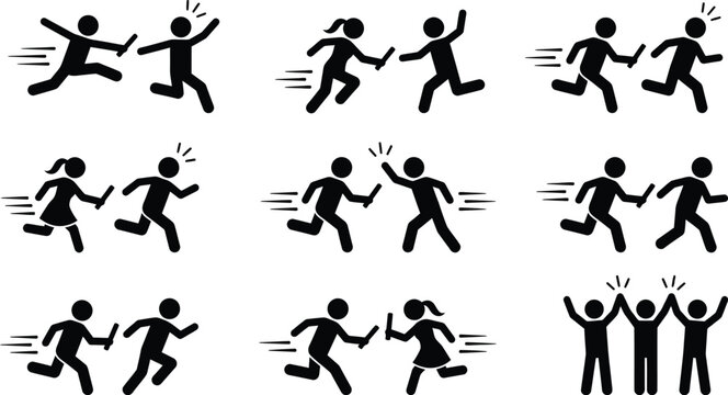 Relay race baton passing pictograms set for sports athletic events.
