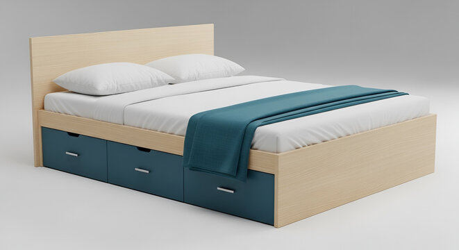Modern Wooden Bed Frame with Storage Drawers and Teal Throw.