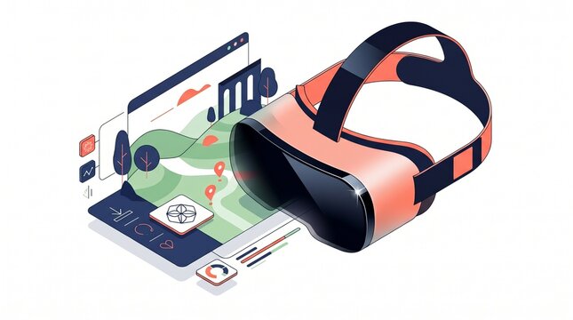 Virtual Reality Headset with Augmented Reality Map Interface, Immersive Digital Experience, Metaverse Technology, and Interactive Data Visualization