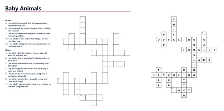 Vocabulary Crossword Game &ndash; Baby Animals Printable Word Puzzle for Kids