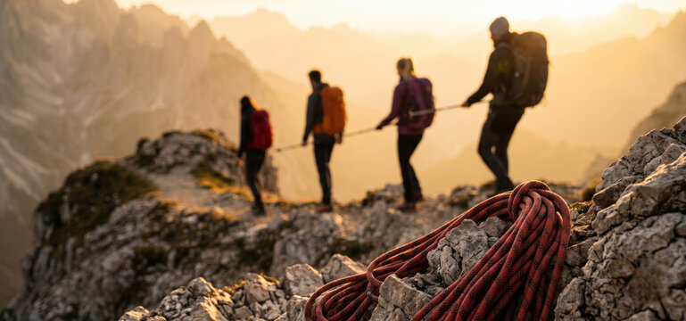 Four adult mountaineers traverse a rocky alpine trail at golden hour, connected by a safety rope, with coiled climbing gear resting on nearby rocks.
