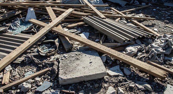 Debris and scattered construction materials outdoors on a sunny day