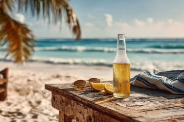Obraz premium Casual seaside beer moment on sandy shore with wide open area for decoration
