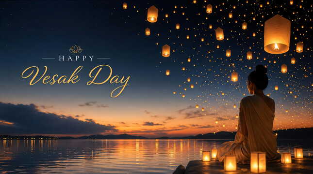 Peaceful vesak day background with lantern release over calm lake at sunset