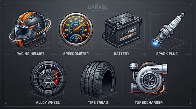 Collection of car parts and accessories for racing and automotive maintenance