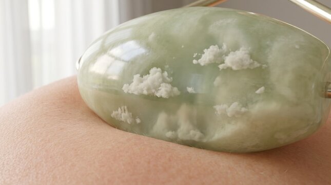 Macro of a jade roller on skin, the stone showing tiny clouds moving inside it