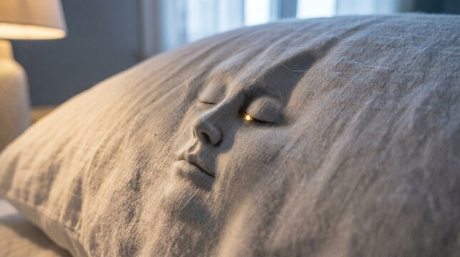 Macro of a single wrinkle in a pillowcase, the wrinkle forming the shape of a peaceful face