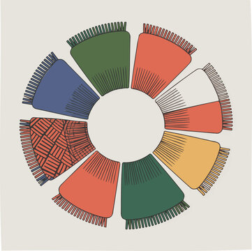 Bold commercial flat vector of a circular color wheel chart with mixed patterns, isolated on transparent background for design